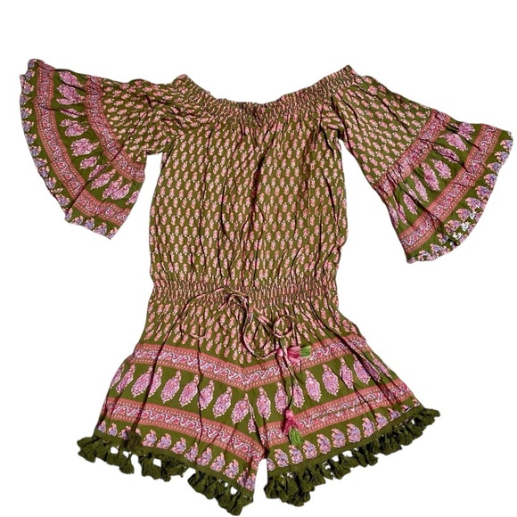 Anthropologie Raga Off-Shoulder Romper Green Pink Boho Pom-Pom Trim Size Small - Picture 2 of 15